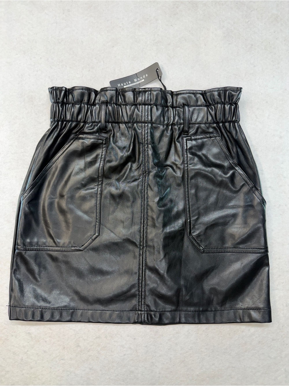 Haute Monde Black Faux Leather Paperbag Skirt with Front Pockets